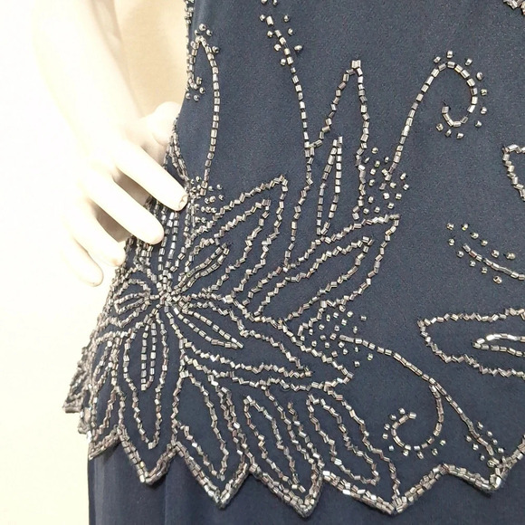 J Kara "NEW" Blue Short Flutter Sleeve Romantic Beaded Long Maxi Dress Size 6 - Picture 5 of 12